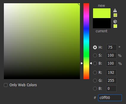 Screenshot of Photoshop Colour Picker for RGB and Hex Values