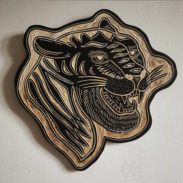 Tiger Woodcut by Robbie Jones
