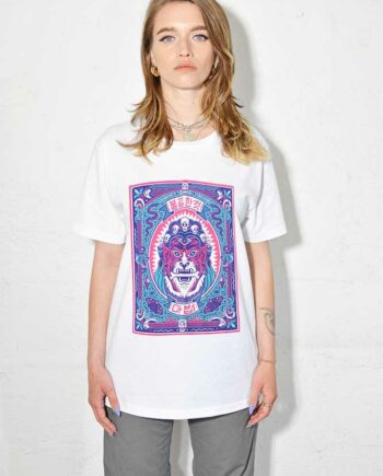 Model Wearing a Printed T Shirt of Hoodoo Tiger on White By Bene Rohlmann